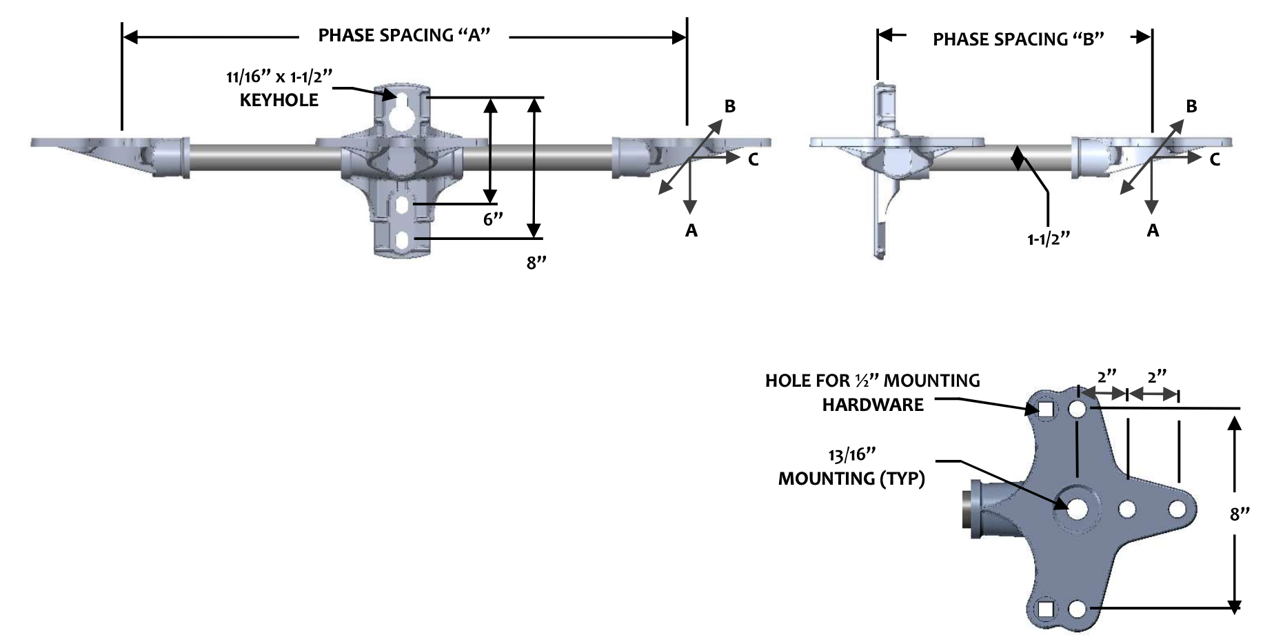 FLH30-1-3613-C3 Triple Phase 0° Cutout & Arrestor Bracket