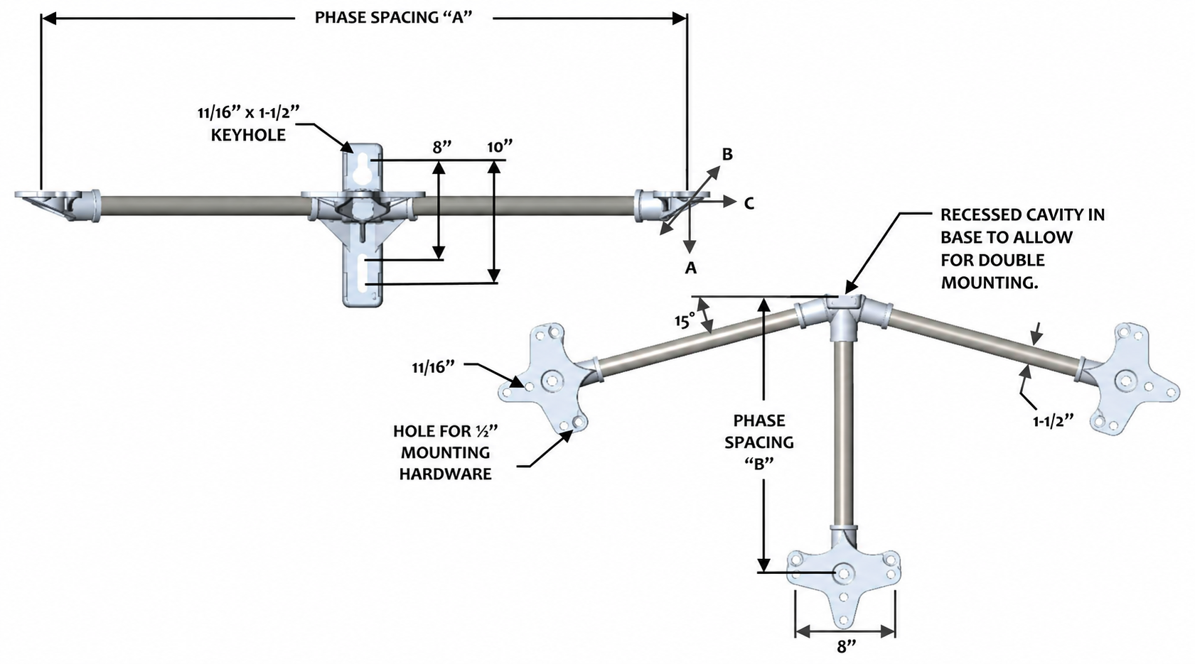 FLH3F-1-3613-C3 Triple Phase 0° front sweep Cutout & Arrestor Bracket